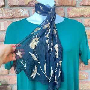 FLORAL BLACK TAN NEUTRAL SMALL SILK SCARF